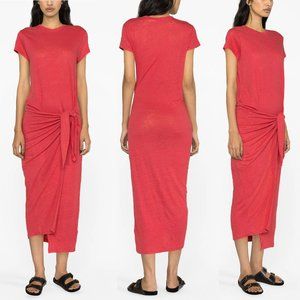 POLO Ralph Lauren Maxi T-shirt DRESS Size S Red LINEN Knot Detail Gathered NEW